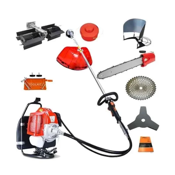Greenleaf 2HP 43CC 4 Stroke Petrol Engine Backpack Brush Cutter with Weeder/Tiller Chainsaw Paddy Guard and Blade Attachments