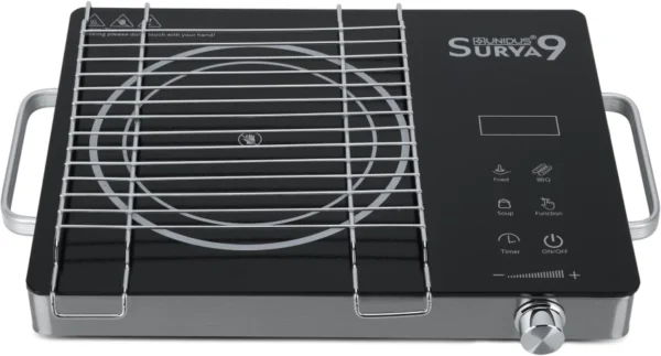 Unidus Surya-9 2000W Silver & Black Infrared Radiant Cooktop with Grill & Jog Dial Touch Panel, INFR100-SL