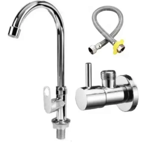 Fastgear Stainless Steel Angle Wall Valve Set with Swan Neck Tap & Connection Pipe