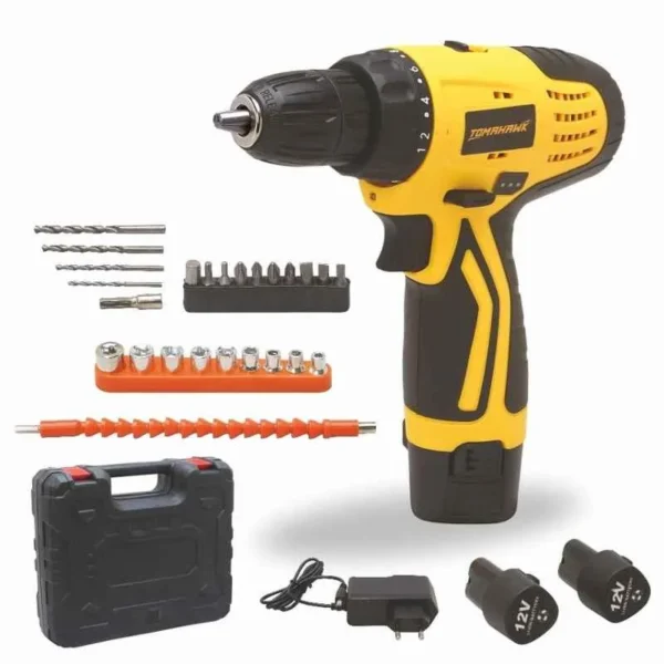 Tomahawk 25 Pcs 12V Cordless Screwdriver & Drill Set with Two-Speed & Reversible Switch Multi-Torque Clutch, T7385