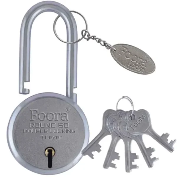 Foora 50mm Double Locking Long Neck Shackle Padlock with 5 Keys & 7 Lever gate, Round 50